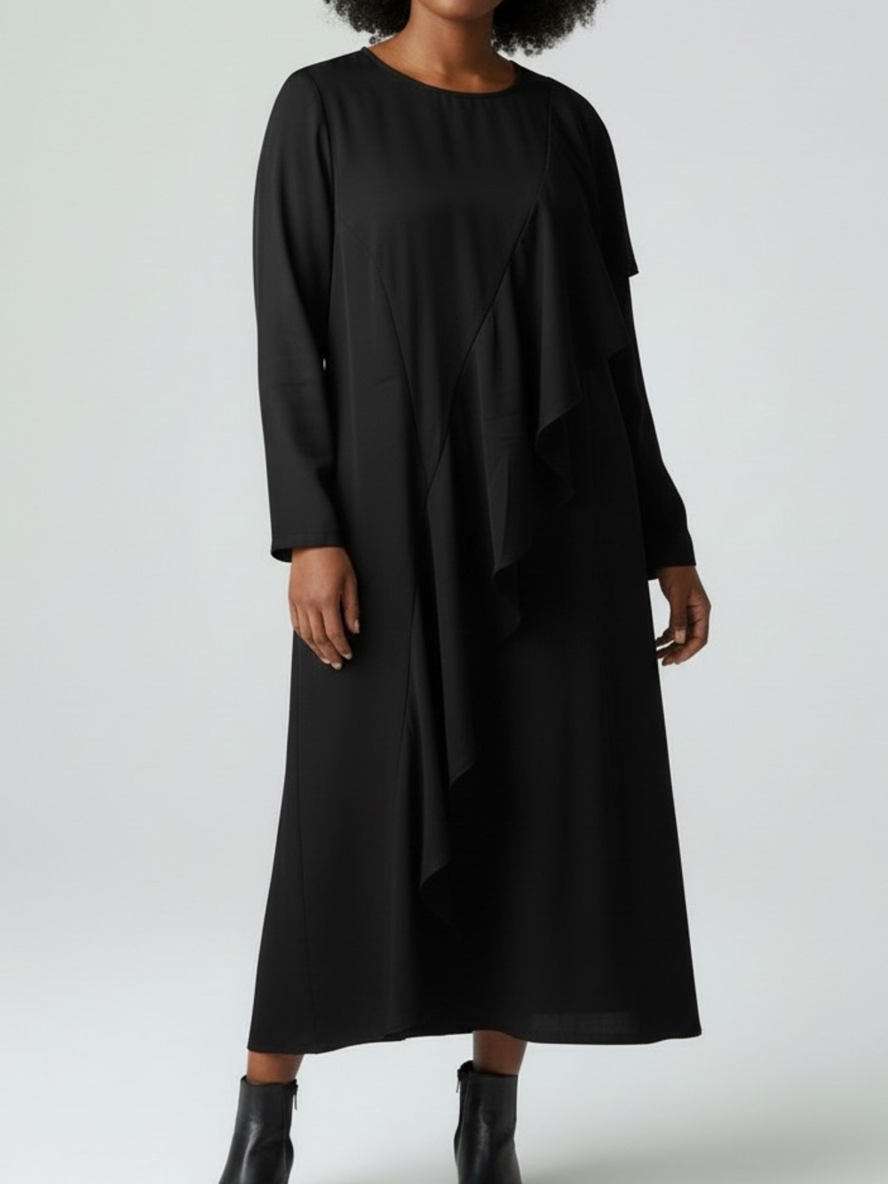 SWUUN Long Sleeve Asymmetrical Ruffle Midi Dress Black 1XL NEW Modest Minimalist